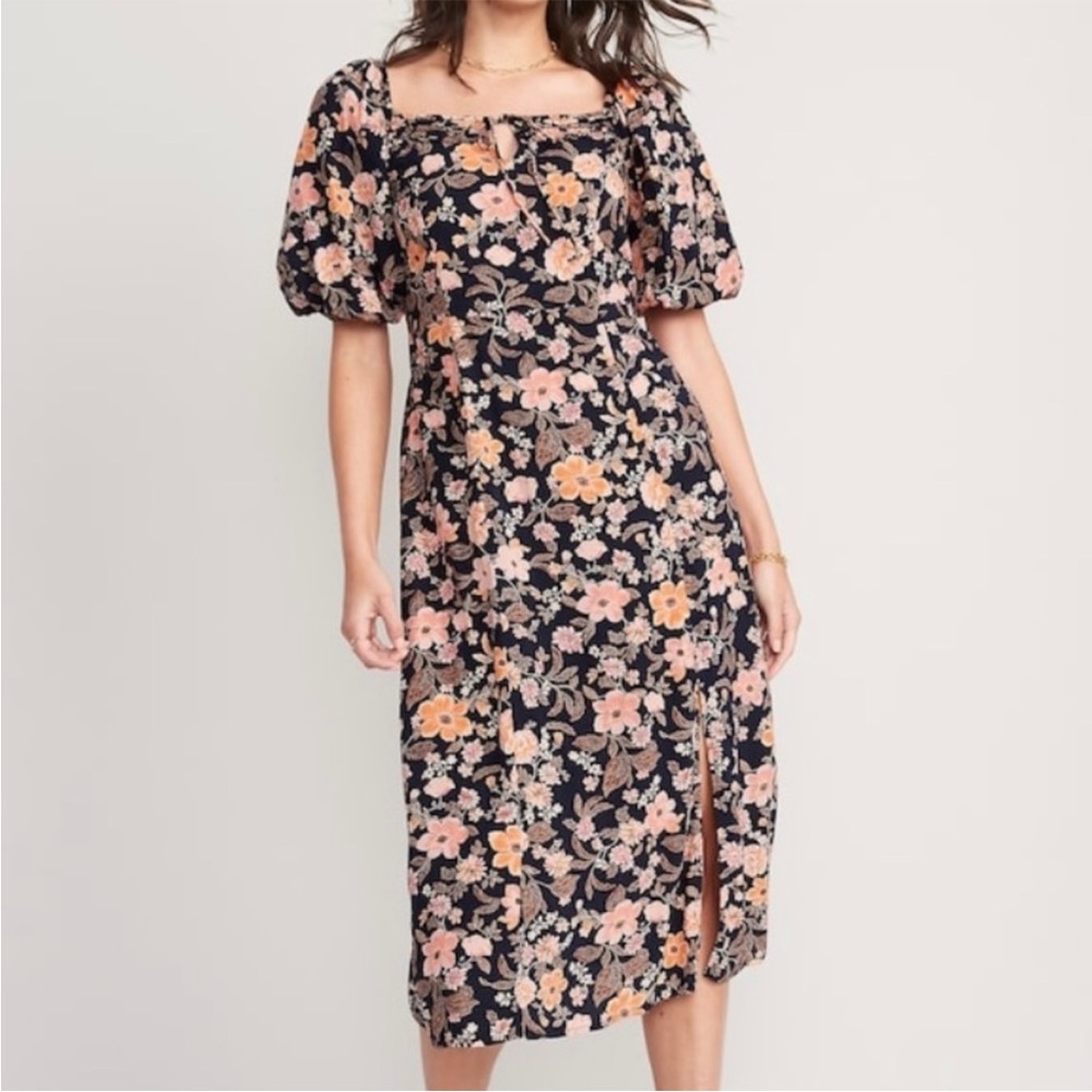 Old Navy‎ Puff-Sleeve Floral-Print Pintucked Smocked Midi Swing Dress size m